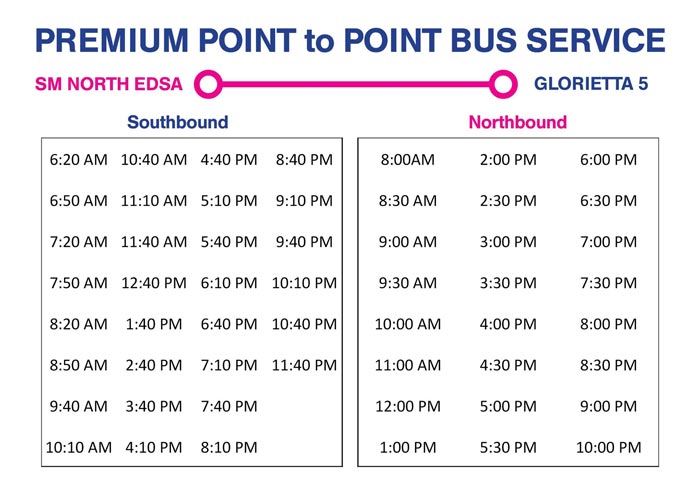 SM North EDSA to Glorietta 5 Premium P2P Point to Point Bus Schedule North and South Bound
