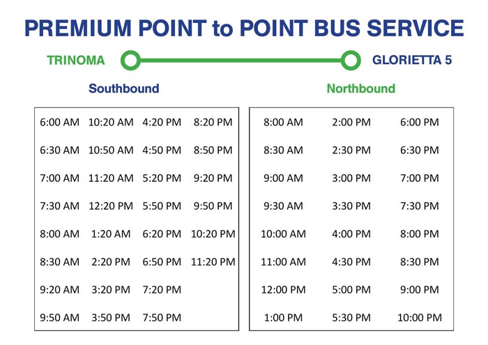 Trinoma to Glorietta 5 Premium P2P Point to Point Bus Schedule North and South Bound